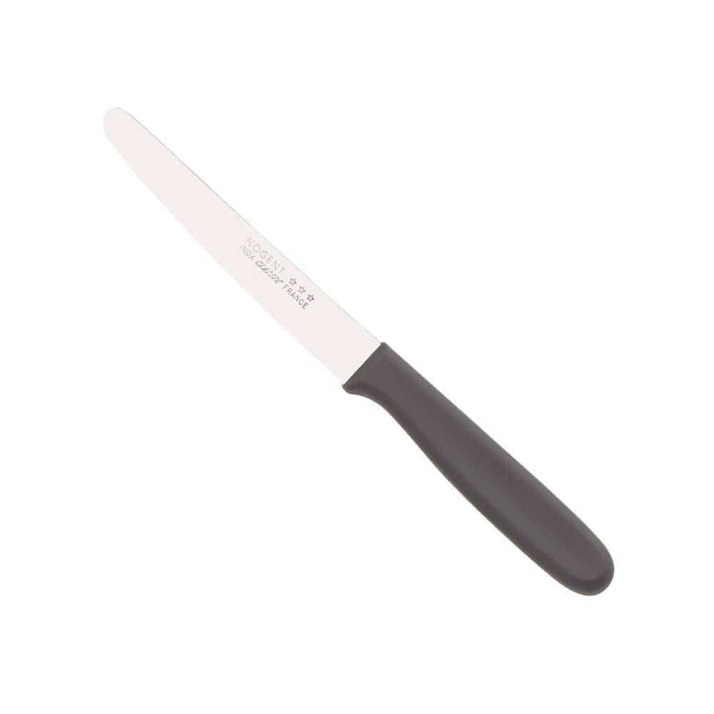 Couteau à viande avec bord ondulé et bout rond avec poignée rouge 11 cm