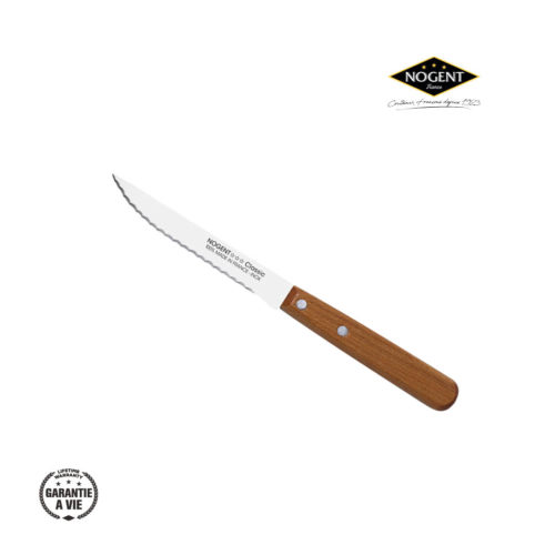 Couteau à viande avec bord ondulé et bout rond avec poignée rouge 11 cm
