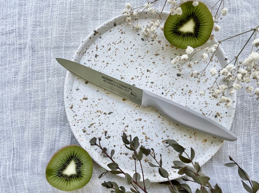 Couteaux écoresponsables - la gamme Nogent Classic Pro Bio Sourcé entouré de kiwi et de fleurs